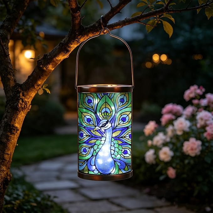 Hanging Solar Lantern Outdoor Waterproof LED Solar Lights Peacock Decorative Solar Lanterns Tabletop Lamp for Outdoor Patio Garden Yard Decor