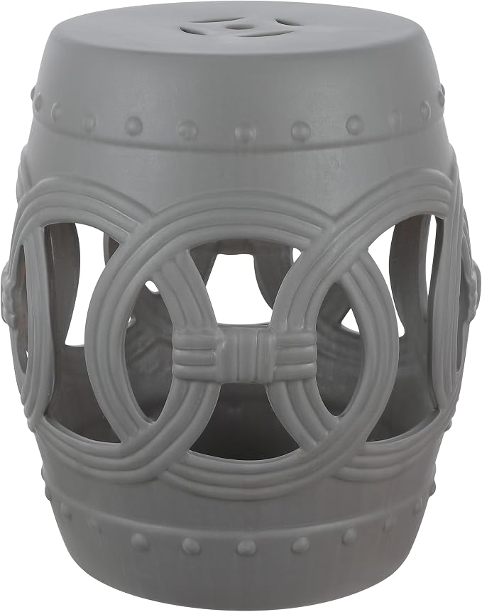 JONATHAN Y Lucky Coins 16" Ceramic Garden Stool, Contemporary Matte Gray Cutout Interlocking Rings Drum Indoor/Outdoor Side Table and Plant Stand for Patio, Garden, Living Room TBL1022F