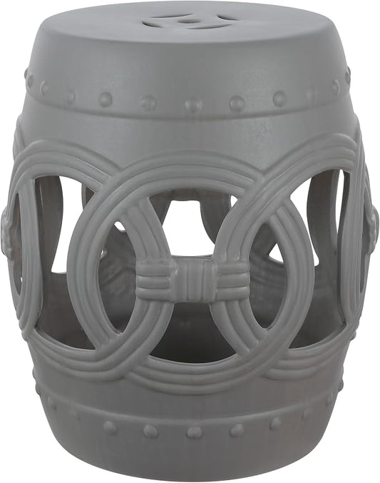 JONATHAN Y Lucky Coins 16" Ceramic Garden Stool, Contemporary Matte Gray Cutout Interlocking Rings Drum Indoor/Outdoor Side Table and Plant Stand for Patio, Garden, Living Room TBL1022F
