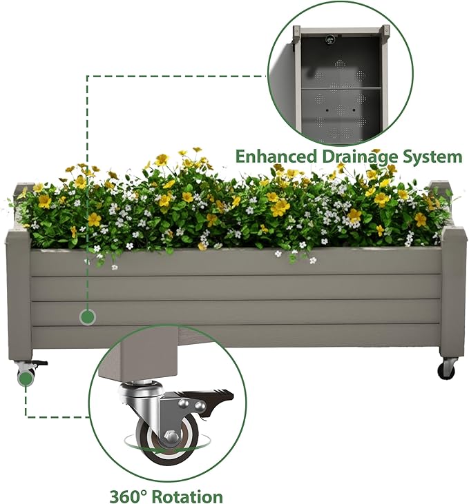 Raised Garden Bed with Wheels Outdoor, Resin Planter Box with Drain Hole and Water Level Detector for Backyard, Patio, Balcony, Gray(13.3" H)
