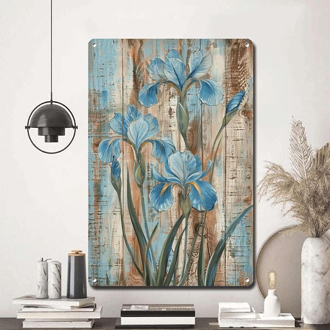 Metal Sign Tin Sign Vintage Wall Art Shabby Chic Irises Tin Sign for Rustic Wall Art Antique Artistry and Distressed Wood Surfaces Funny Bathroom Decor for Bar 8×12 Inches