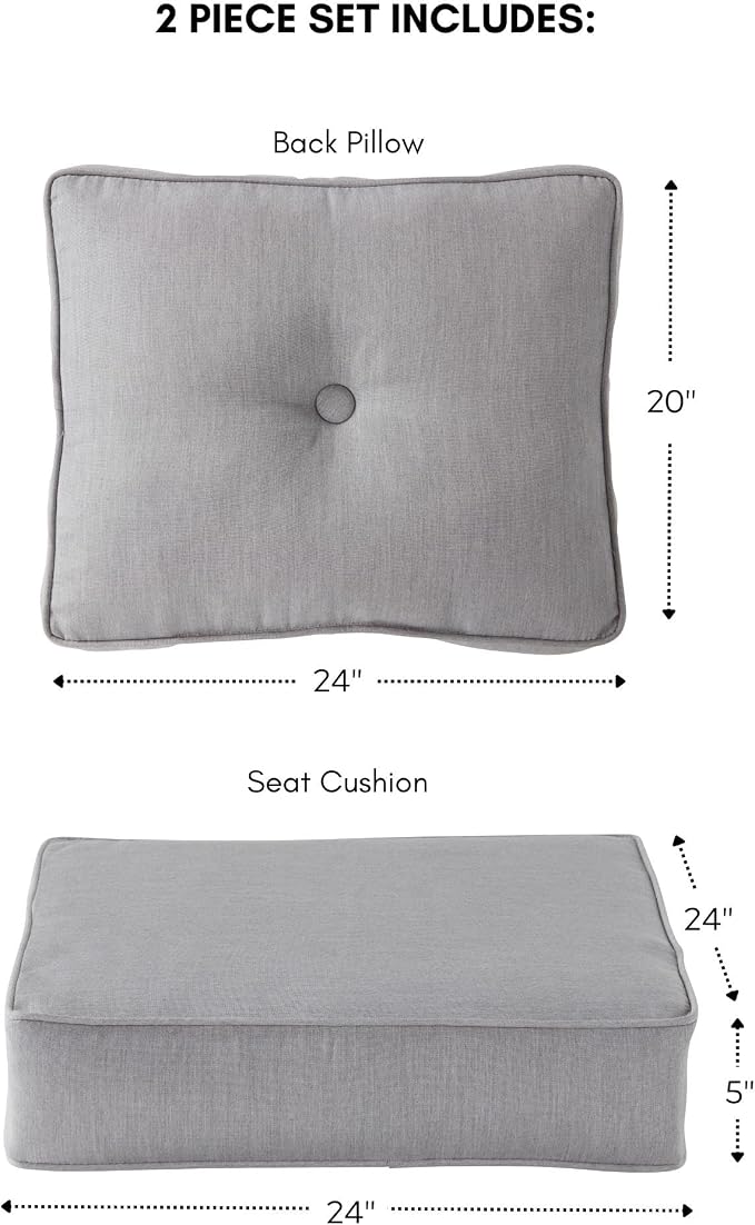 Sunbrella Deep Seat Cushion Set – Seat & Back Cushions for Patio Chairs, Sofas & Loveseats – Fade Resistant Outdoor Fabric, Ties, Zippered Cover, Cord Trim, Canvas Granite