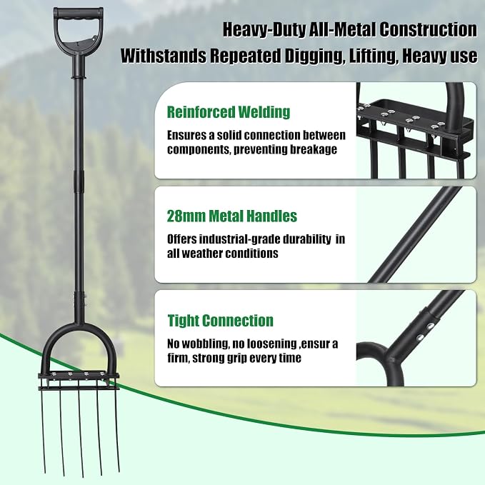 5-Tine Heavy Duty Garden Fork, 69" Metal Pitch Fork with Ergonomic D-Grip Handle for Digging, Weeding, Soil Loosening, Composting