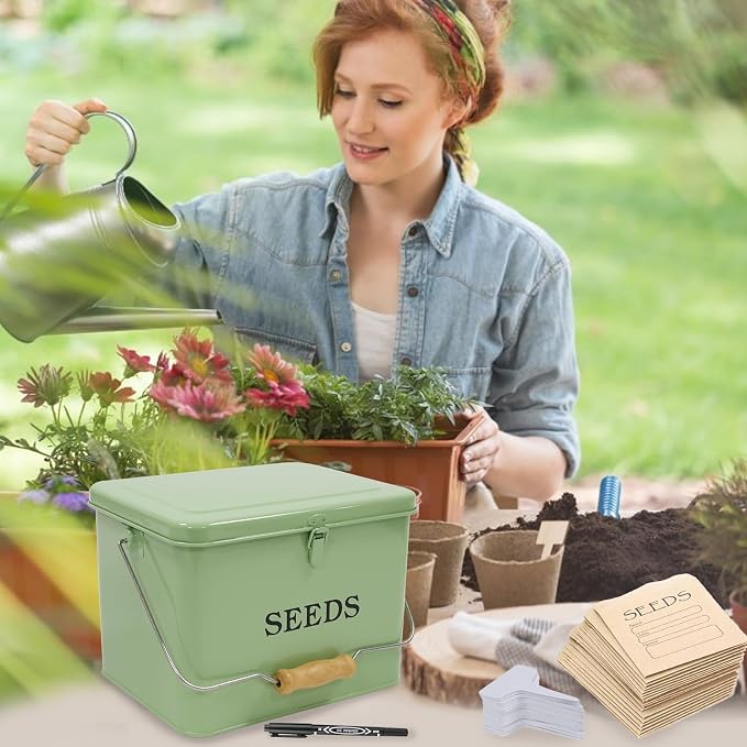 Seed Storage, Metal Seed Box with Safety Lock & Handle, 3 Dividers Seed Organizer Seed Container Storage, Professional All-in-one Kit with 1 Pen, 20 Plant Labels and 50 Seed Envelopes, Green