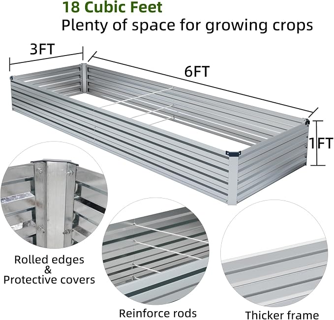 Meberam 2 Pack 6x3x1FT Galvanized Raised Garden Beds Kit Outdoor Metal Gardening Planter Box for Vegetable Elevated Flower Herbs,Silver