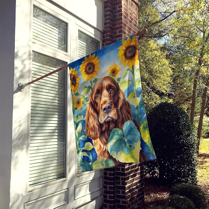 Caroline's Treasures DAC6073CHF English Cocker Spaniel in Sunflowers House Flag Large Porch Sleeve Pole Decorative Outside Yard Banner Artwork Wall Hanging, Polyester, House Size, Multicolor