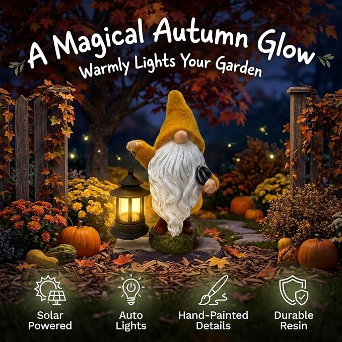 TERESA'S COLLECTIONS Fall Outdoor Decor, Fall Gnome Decor, Autumn Garden Gnomes Holding Lantern with Solar Lights,Waterproof Resin Outdoor Fall Decor, Fall Gifts Outdoor/Indoor,8"
