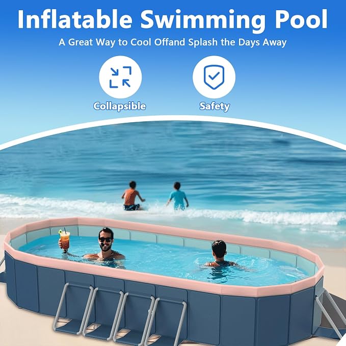 Foldable Pool, Hard Plastic Collapsible Pool, Large Non Inflatable Rectangle Pool Above Ground, Backyard Pool for Adults, Oversized Thickened, Easy Assembly (Round Corner 137 Inch)
