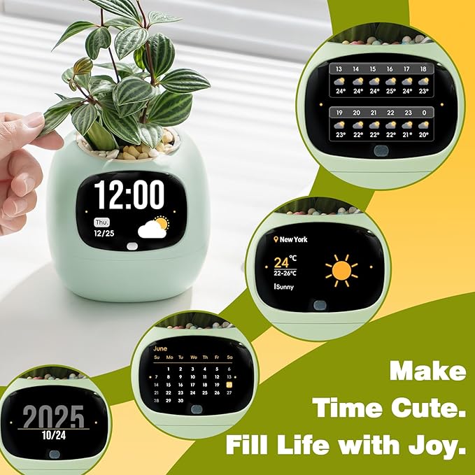 Smart Plant Pot with Visual Display – Soil Moisture, Water Level, Light & Battery Monitor, 80ml Self-Watering Reservoir, Supports 100+ Plants, Pomodoro Timer, Clock & Calendar (Green)