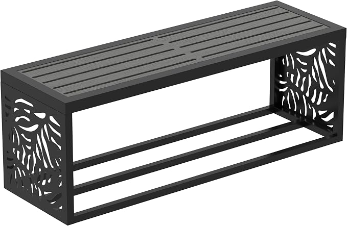 47" Outdoor Garden Bench with Storage Shelf, Modern Black Entryway Bench, Wood-Grain HDPE Seat, Galvanized Steel Frame with Powder Coating for Porch, Yard, Patio, Summer