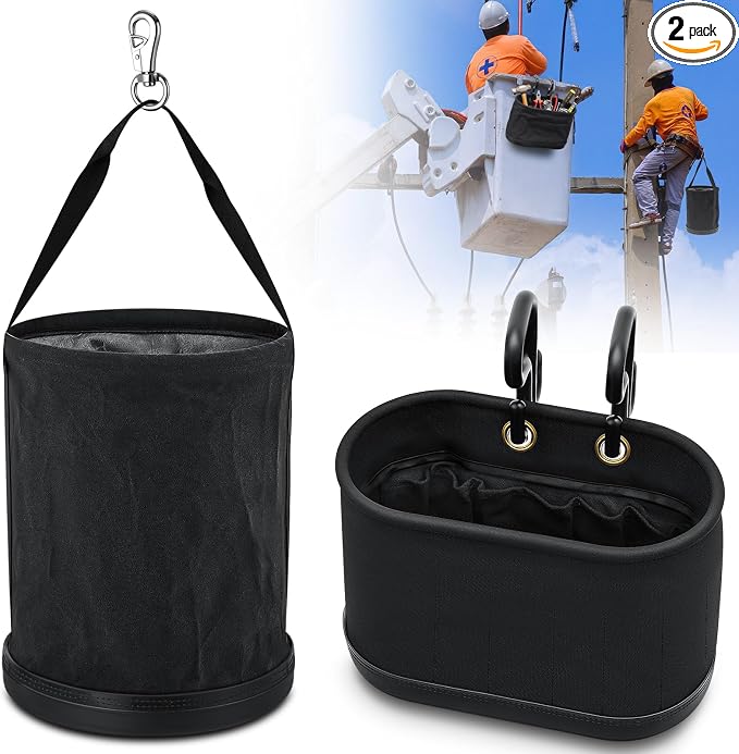 2 Pack Canvas Bucket and Oval Tool Bag, Bucket Tool Organizers with Plastic Bottom Metal Hook for Lineman Organizing Accessories