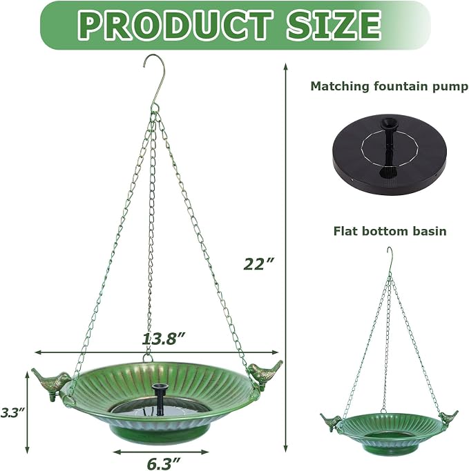 13" Hanging Bird Bath with Solar Fountain,Metal Solar Bird Bath (Green) | Hanging Solar Bird Bath,Birdbath Bubbler ,Hanging Bird Bath for Outdoors Garden, Patio & Yard.