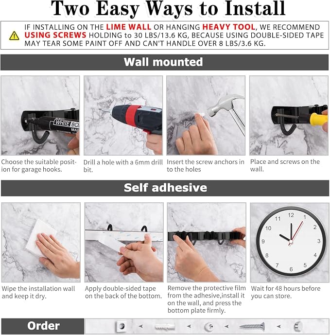 AceMining 2 Pack Black 5 Racks and 4 Hooks Mop and Broom Holder Wall Mount, Broom Organizer Storage Tool Racks Stainless Steel Heavy Duty Hooks Self Adhesive Solid Non-slip for Home Kitchen Garden | Mop Holder Wall Mount and Broom Hanger for Garage, La...