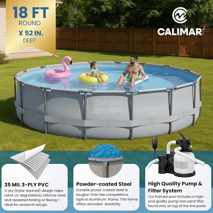 Heavy Duty Frame Above Ground Swimming Pool, CaliFun 18' Round 52" Tall – Rugged 30 mil Liner, Powder‑Coated HD Steel Frame, Easy Setup, Includes Pump, Sand Filter, Skimmer and Pool Cleaner
