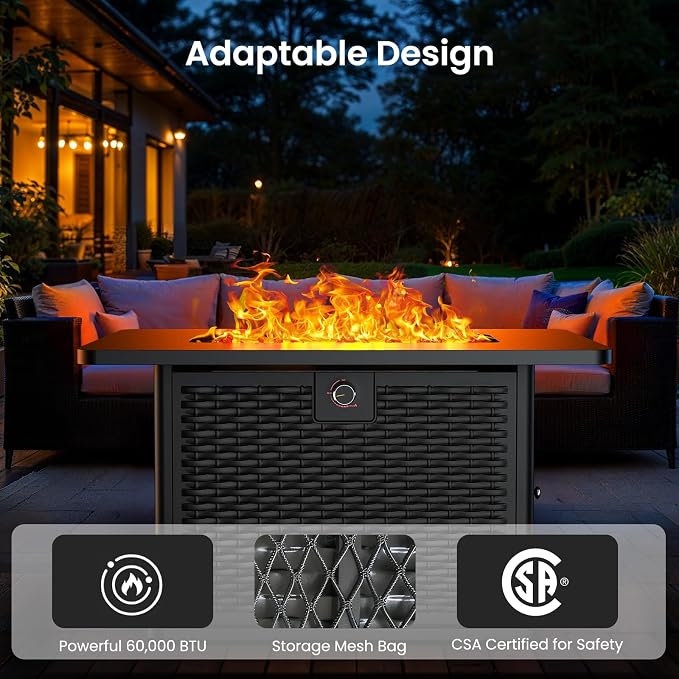 Ciays 43-Inch Rectangular Propane Fire Pit with 60,000 BTU Output, Gas with Cover & Rocks, Table CSA-Certified 2 in 1Table Gatherings Parties with 304 Stainless Steel H-Burner