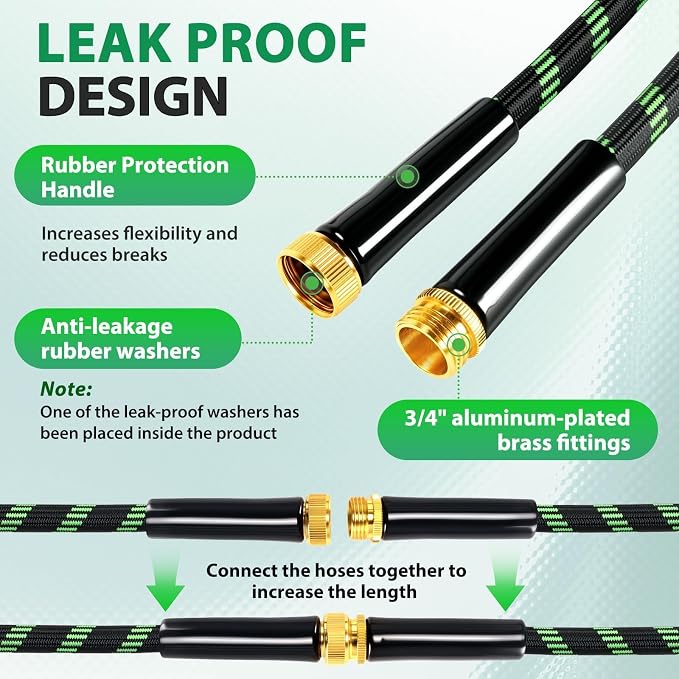 Garden Hose 50 ft Water Hose Flexible Non-Expandable Outdoor Heavy Duty Lightweight Leakproof Kink-free flex Watering Hose Pipe for 3/4 inch Fitting Yard Lawn Outside Car Wash