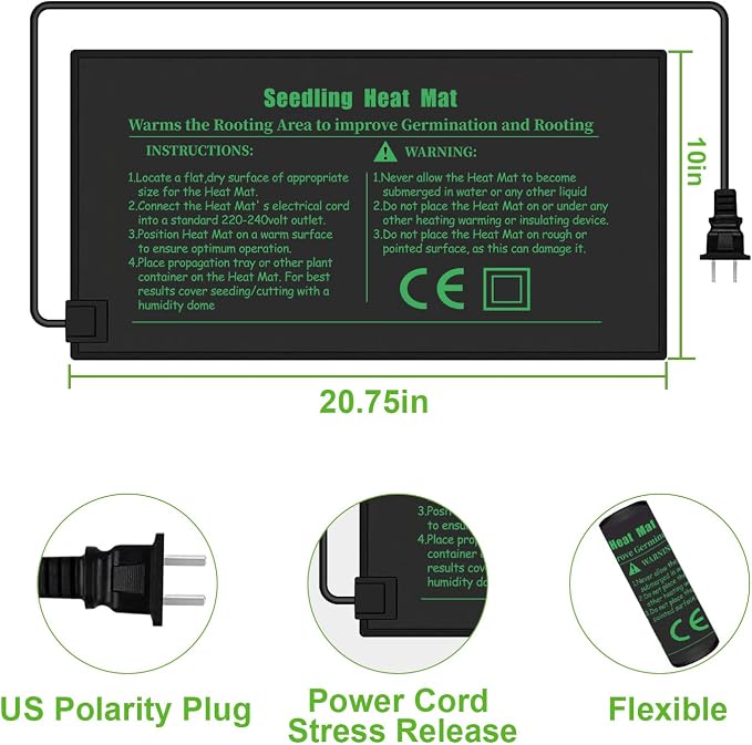 Seedling Heat Mat with Thermostat 40-108 Degrees Fahrenheit Warming Pad, Warm Hydroponic Heating Pad with Controller for Germination, 10" x 20.75" UL & MET-Certified