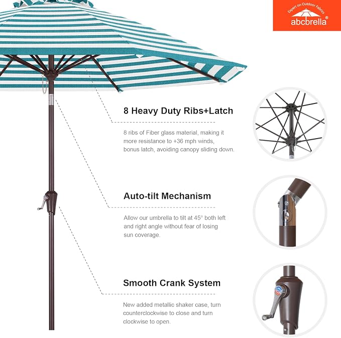 ABCCANOPY OLEFIN® 5-Year No Fading 9FT Patio Umbrella, Outdoor Table Umbrella with 8 Sturdy Ribs for Deck, Backyard, Yard (Turquoise Stripe)