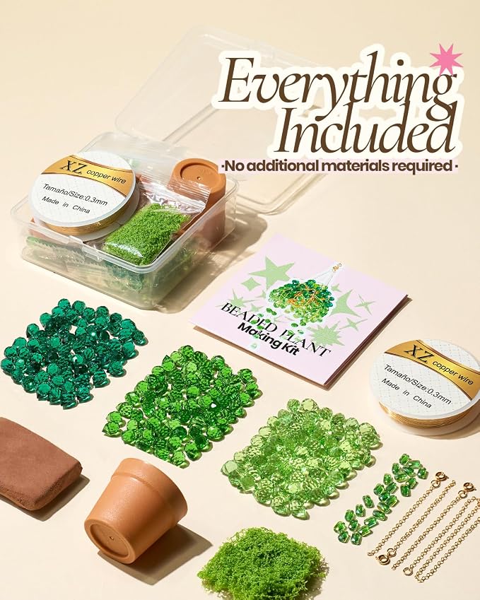 Deinduser Beaded Plant Kit, DIY Hanging Suncatcher Craft Kit with Glass Crystal Beads, Pot, Chain, Faux Moss, Air Dry Clay, Instruction Booklet & Video Tutorial, Tabletop or Window Decor Gift