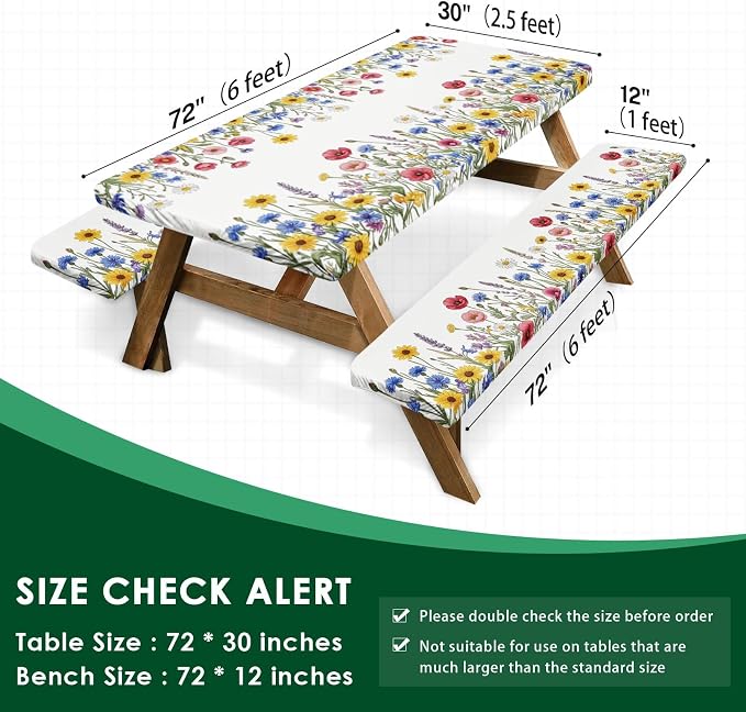 Picnic Table Cover with Bench Covers Elastic Edges, Wildflower Floral Camper Fitted Table Cover, Outdoor Camping Essentials 72 Inch 3PCS, Waterproof Camping Fitted Tablecloth with Drawstring Bag