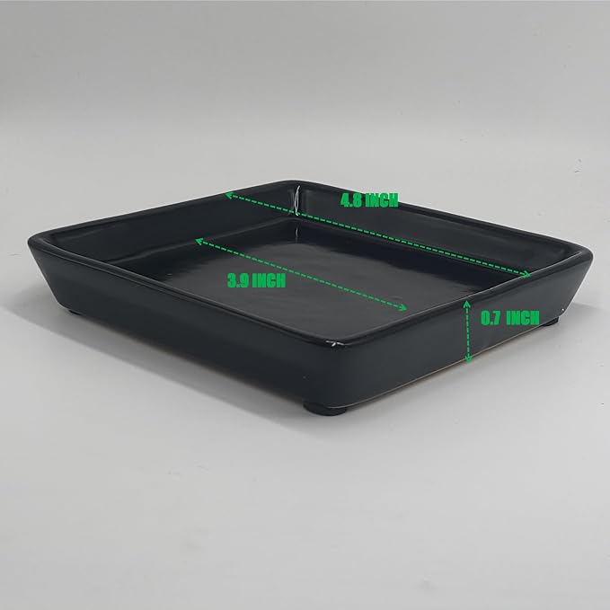 Square Ceramic Plant Saucer Tray 2 Pcs 4 Inch Black, 4.8" OD x3.9 ID x0.7 Deep| Sturdy Heavy Duty Glazed Planter Drip Flower pots with Catch Basin for Indoor Outdoor Plants(4" Black)