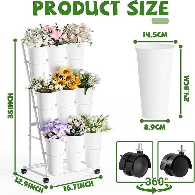 Invech Flower Display Stand with 9 Buckets, 3 Tier Flower Cart Display Stand and Wheels for Indoor Outdoor Garden, Wedding, Flower Shop (White)