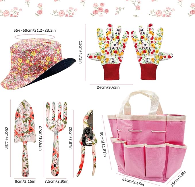 SNAIL GARDEN 6Pcs Garden Tools with Reversible Fisherman Sun Hat & Storage Bag,Gardening Hand Tools, Durable Rust-Proof Gardening Supplies, Garden Kit for Women Female Gardeners