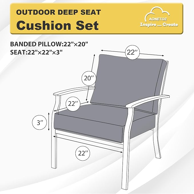 Deep Seat Patio Cushions Set 22 x 22 Inch,Olefin Fabric Outdoor Seat Cushion,Patio Furniture Cushions with Removable Cover,Rain-Proof and Fade Resistant Deep Seat Bottom & Back Cushion,1set