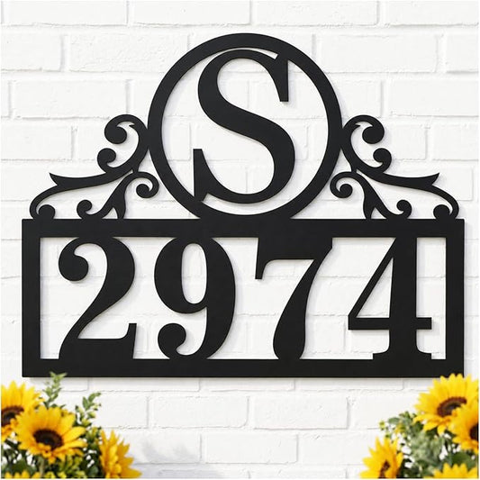 Personalized Metal House Number Sign for Outside, Custom Address Plaque with Family Initial, Door Number Plate for Yard Porch Wall Decor, House Numbers for Home