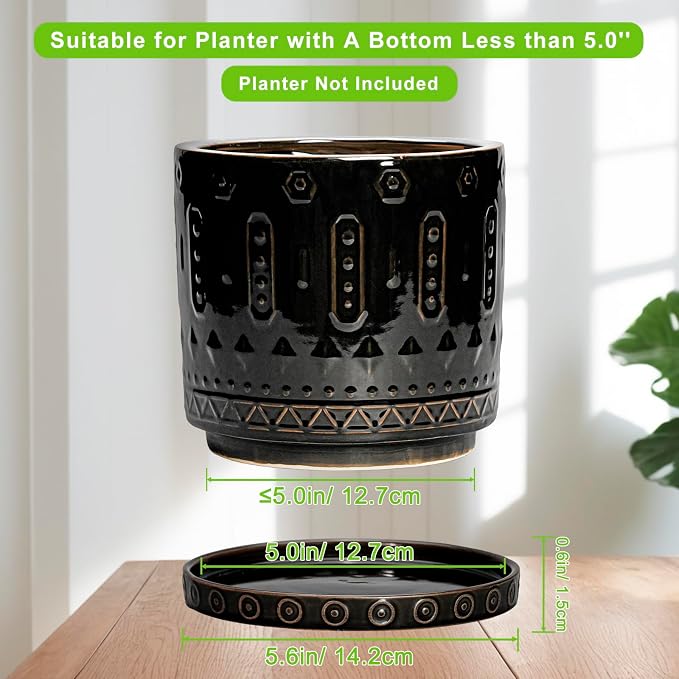 Eightpot Plant Water Catcher Tray, 2 Pack Ceramic Plant Saucer, 5.6 Inch Plant Pot Saucers for Indoor Outdoor, Round Plants Plates to Catch Water, Modern Decorative Plants Dish, Garden Gifts, Black