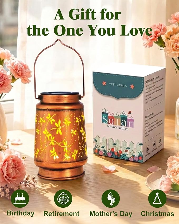 DIBIEECN 2 Pack Dragonfly Solar Lanterns Outdoor Waterproof, Garden Decor | Metal Hanging Lights, IP65 Waterproof, LED Decorative Lantern, Patio & Backyard, Birthday Gifts for Women, Mom & Grandma