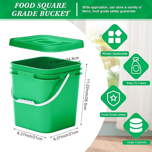Mumufy 8 Pcs 3.5 Gallon Square Food Grade Bucket with Lid Square Bucket Pail Plastic Handles for Long Term Food Storage, Camping, Fishing, Home Organization Easy Stack and Store (Green)
