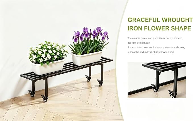 Zhongma One Tier Metal Plant Stand with Wheels,(35.43 L x 8.66 W x 10.3 H) Heavy Duty Plant Holder for Home, Window,Garden, Plant Lovers, Display Stand
