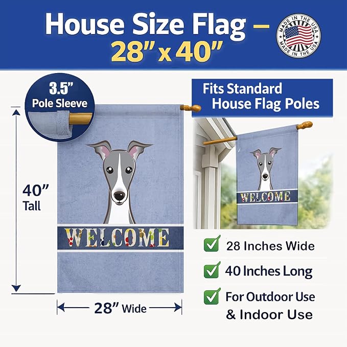 Caroline's Treasures BB1422CHF Italian Greyhound Welcome House Flag, Blue Large Porch Sleeve Pole Decorative Outside Yard Banner Artwork Wall Hanging, Polyester, House Size, Multicolor