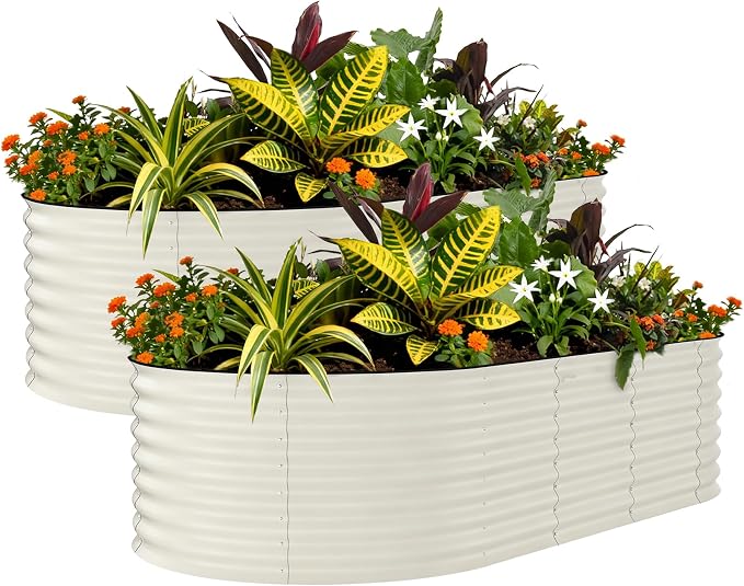 Garvee 2 Pack 8x4x2ft Galvanized Raised Garden Bed Kit, Oval Metal Planter Boxes with Anti-Cut Safety Edges, Rust-Resistant Deep Root Planters for Outdoor Vegetables, Flowers, Herbs, Beige