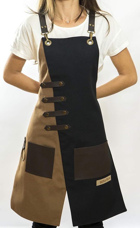 MONAPRON Apron for Women and Men Waterproof Canvas Extra Pocket for Chef Barista Gardening BBQ Grilling Crossback Unisex