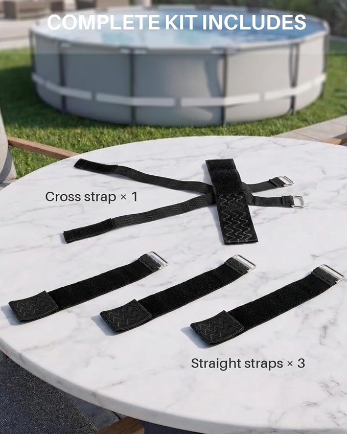 No-Drill Above-Ground Pool Umbrella Tie-Down Straps, Cross-Stabilizer Strap Design, Helps Reduce Wobble & Lean on Pool Frame Rails, Suitable for Intex/Bestway Frame Pools and Most Swimming Pools