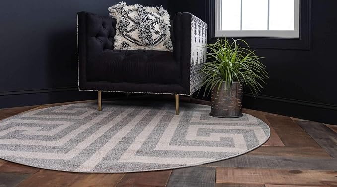 Unique Loom Athens Collection Classic Geometric Modern Border Design Area Rug (8' 0 x 8' 0 Round, Gray/ Beige)