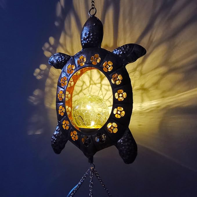 Sea Turtle Solar Lights Outdoor Decor Crackle Glass Ball Solar Turtle Wind Chimes for Outside Unique Gifts for Women Birthday Gardening Gift Housewarming Ornament for Patio Yard Garden Decor