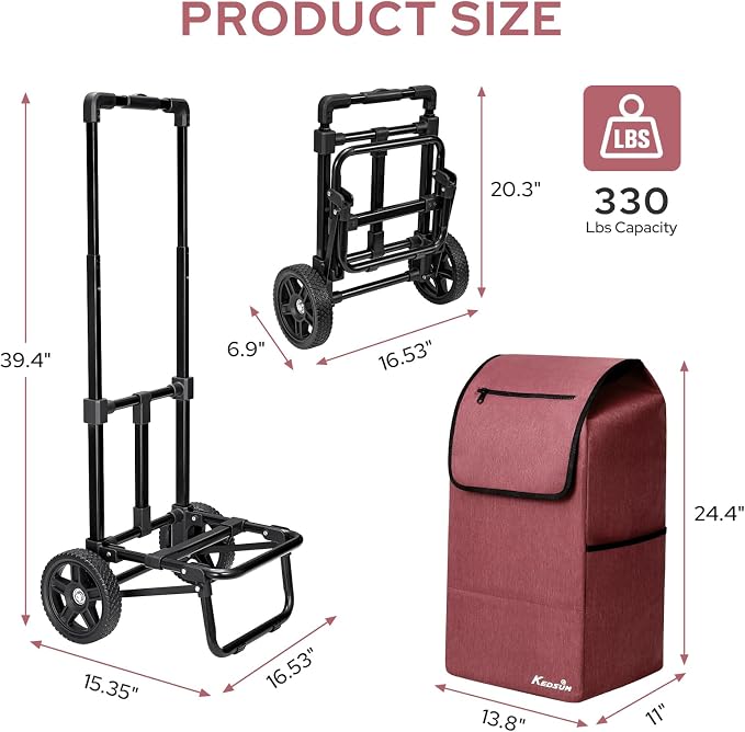 KEDSUM 2 in 1 Shopping Carts for Groceries, 330 lbs Grocery Cart on Wheels, Foldable Utility Carts with Wheels, Load-Bearing Hand Truck with Waterproof Bag for Shopping, Camping, Laundry, Garden, Red