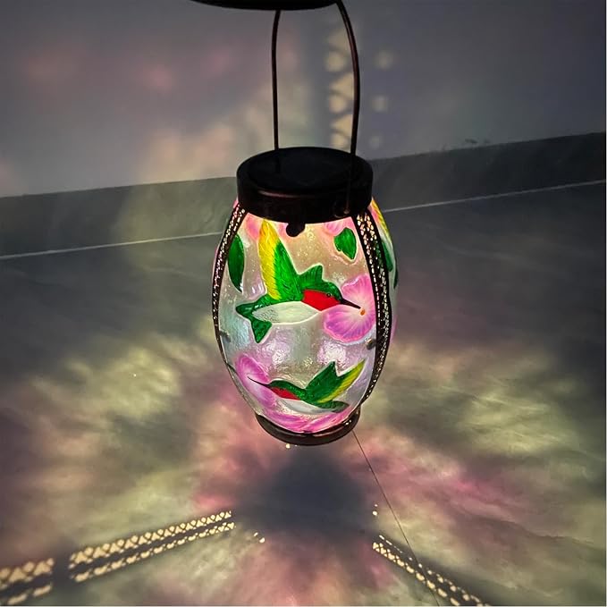 Hummingbird Solar Lanterns Glass & Metal Hanging Solar Lantern Outdoor Waterproof 13.8" H Tabletop Light for Garden Patio Table Decor Mother's Day Gift