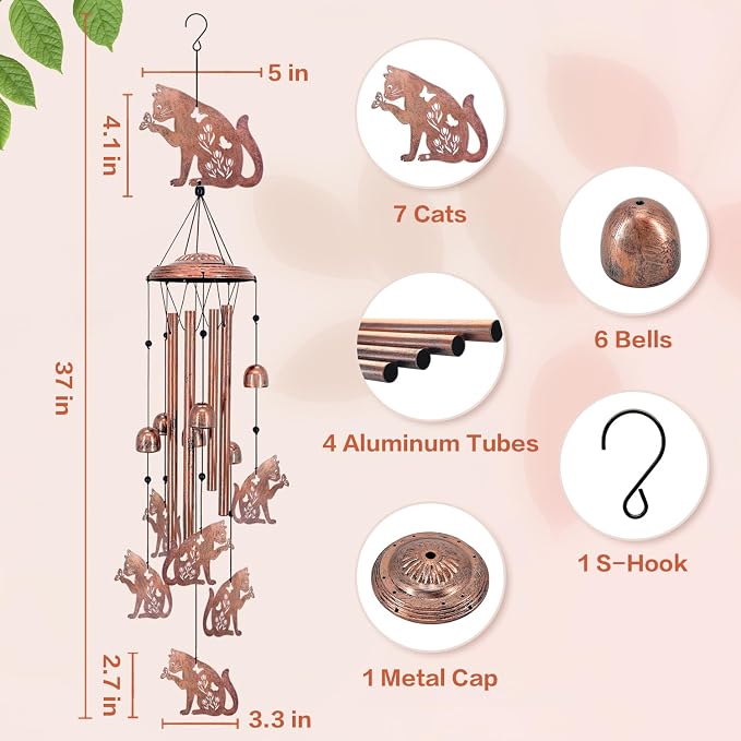 Cat Wind Chimes for Outside,Cat Gifts for Women/Men/Sympathy Gift/Memorial/Festival Birthday Gifts Metal windchimes Outdoors/Indoors,Patio,Garden Decor,Yard Decor,Porch