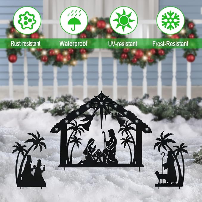 Solar Nativity Scene Outdoor,3Pack Lighted Outdoor Christmas Decorations,Metal Silhouette Nativity Set Outside for Yard Garden Stake