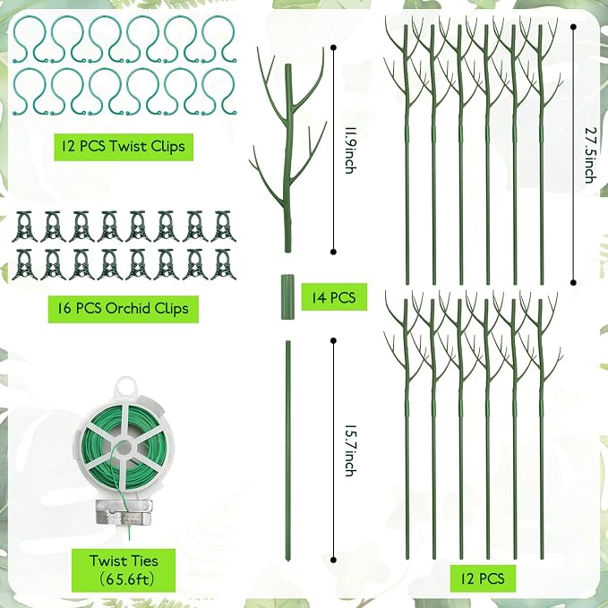 12 Pack Monstera Plant Support Stakes, 27.5 Inch Natural Looking Detachable Plant Stakes for Climbing Plants, Includes 16 Orchid Clips & 12 Twist Ties & 65ft Garden Tie Outdoor Indoor