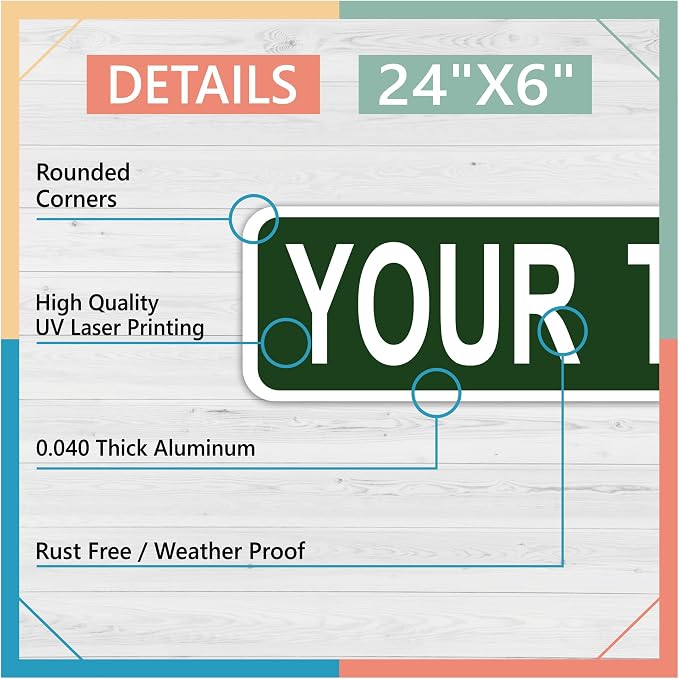 Custom Street Signs in Aluminum. Personalized Road Sign 24x6 in metal, with Your Own Custom Text, Size & Color. Ideal for Kids Room, Mancave Decor for Dad or mom outdoor garden