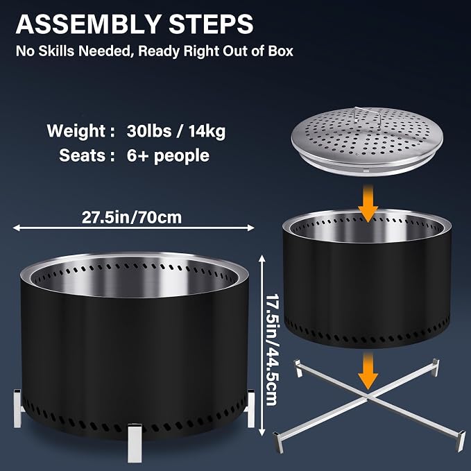 HGD 27.5" Smokeless Firepit with Stand, Large Stainless Steel Wood Burning Fire Pit for Friends & Family Gatherings, Secondary Combustion Outdoor Patio Stove for Garden BBQ & Bonfire (Black)