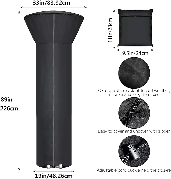 [2 Pack] Patio Heater Covers with Zipper and Storage Bag,Waterproof,Dustproof,Wind-Resistant,Sunlight-Resistant,Snow-Resistant,Black,89'' Height x 33" Dome x 19" Base