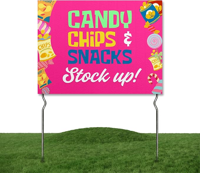 Candy, Chips & Snacks - Stock Up! Yard Sign by DC | 24"x18" Double Sided Conv. Store Garden Sign with 13” Metal Stakes | Outdoor Signs Waterproof for Lawn, Patio, Sidewalk & House | Set of 3