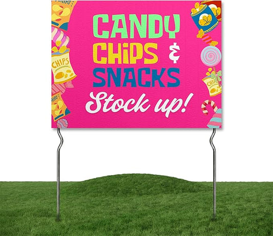 Candy, Chips & Snacks - Stock Up! Yard Sign by DC | 24"x18" Double Sided Conv. Store Garden Sign with 13” Metal Stakes | Outdoor Signs Waterproof for Lawn, Patio, Sidewalk & House | Set of 4