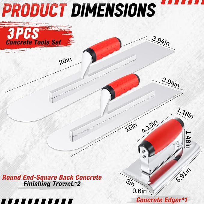 Large 20" & 16" Concrete Finishing Trowel Set, Stainless Steel Masonry & Plastering Finishing Trowels, Square & Round End Trowels with 6" x 3" 1/4" R Edger, DIY Patio, Driveway & Small Projects